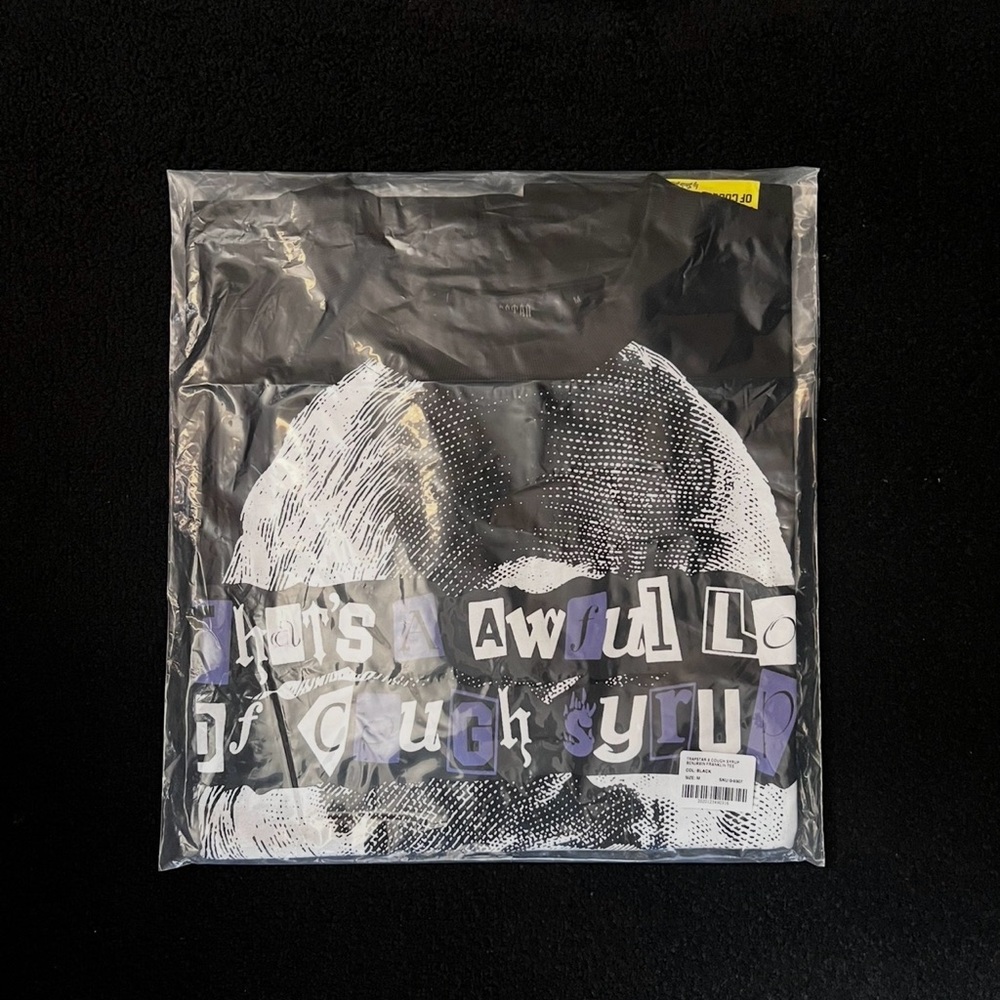 Black Graphic T-Shirt with Purple and White Design awful lot of Cough syrup